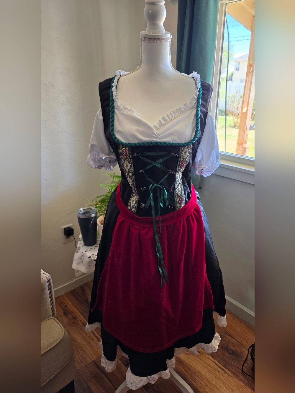 Traditional Women's Drindl Dress with Red Apron and Black Bodice